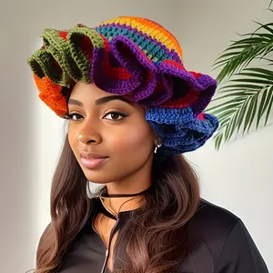 Women's Handmade Crochet Fisherman Hat with Ruffled Brim Multicolor Rainbow Colors Elastic for Cold Weather Cozy Stylish for Casual Attire Rain or Snow Handmade