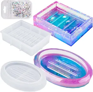 Niart 2-Pack Faceted Oval & Rectangle Soap Dish Epoxy Resin Silicone Mold+Star Sequins Kit, Ring Dish Jewelry Tray Ashtray Candle Holder Storage Box DIY Casting Art Craft Agate Home Decoration Gift Attom Tech