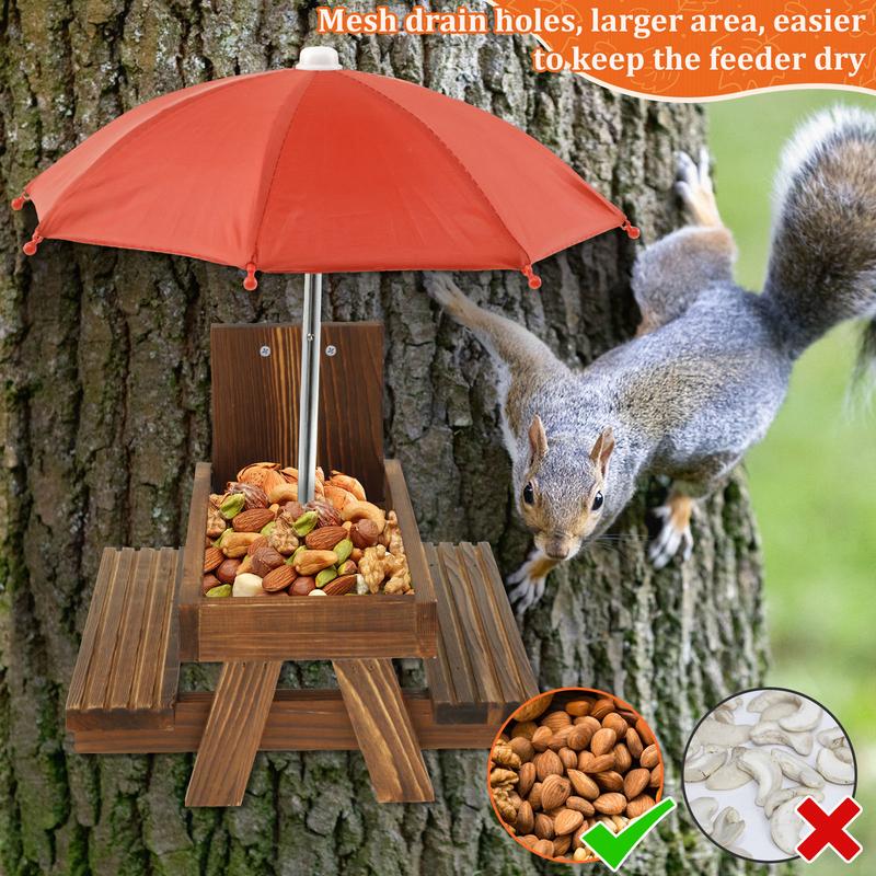 Wood Squirrel Feeder with Umbrella Sturdy Carbonized Wood Squrrill Feeder Table Squirrel Feeders with Corn Cob Holder Wooden Squirrel Feeder Table for Outside Chipmunk Feeder for Yard Porch