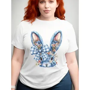 Plus Size, Easter Plus Size WomenS Short Sleeve Crew Neck T-Shirt Blue Bunny Floral Design with Checkered Bow, Casual Spring Celebration Outfit for Party or Holiday Gathering