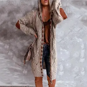 Vintage Casual Hooded Long Cardigan 2025 Autumn/Winter Knitted Sweater Brown Coat Oversized Jacket Streetwear Spliced Lace-up