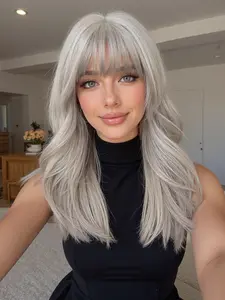 18 Inch Fashionable Platinum Blonde Long Curly Wigs for Women, Gorgeous Fluffy Wigs with Bangs Full Machine Wigs for Party, Daily Use, Machine Made Wig
