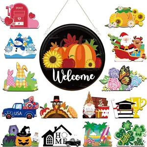 Interchangeable Seasonal Welcome Sign for Front Door Round Welcome Wreaths Porch Hanging Decor Farmhouse for Summer Independence Day Seasons Holiday(White Word, Black )