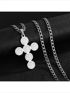 Vintage Cross Engraved Coin Pendant Necklace, Grunge Streetwear Titanium Steel Chain, Non-Tarnish Edgy Jewelry
