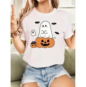 Women's 180gsm Heavyweight 100% Oversized Halloween T-Shirt - Cute & Bat Print with Smiling Jack-O-Lanterns, Loose Fit Round Neck Short Sleeve, All-Season Casual & Party Wear, S-2XL (Machine Washable) - Spooky Cute White & Black C