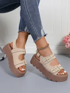 Women's Chunky Heel Summer Beach Sandals with Metal Buckle, Casual Textile Upper, Rubber Sole, Letter Pattern, Perfect for Commute & Vacation, Footwear