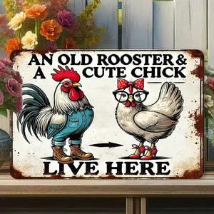 Charming Vintage "An Old Rooster & Cute Chick Live Here" Metal Sign – Rustic Home Decor For Living Room, Bedroom, Or Kitchen |   Waterproof & Dustproof |   Perfect Gift Idea (8x12 Inches), Bedroom Decor |   Whimsical Decor |   Iron Construction, Vintage H