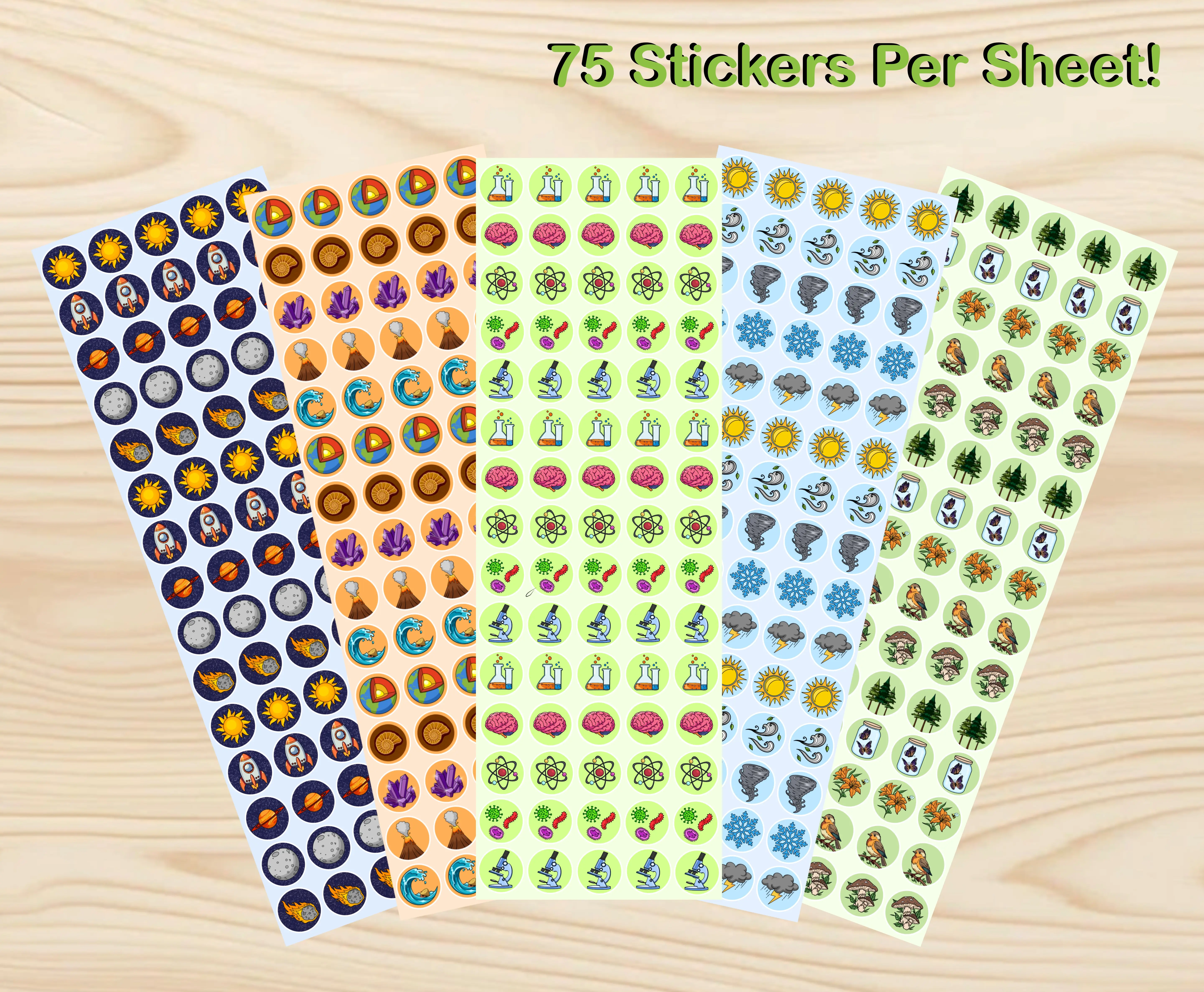 Science Sticker Sheets for Teachers & Students - 5 Sheets with 75 Science-Themed Stickers Each - Ideal for Classrooms, Planners, Journals, and STEM Learning Activities