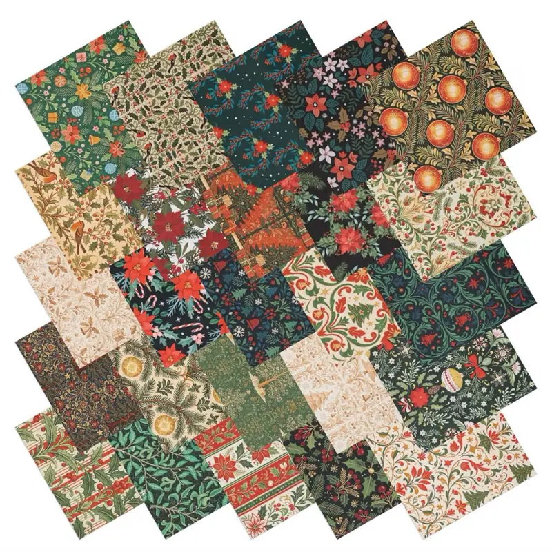 25 Pcs Christmas Cotton Fabric Squares, Christmas Morris Flowers Style Precut quilting cotton, 25 assorted vintage patterns for quilting, patchwork, sewing and DIY crafts 10 x 10 Inch