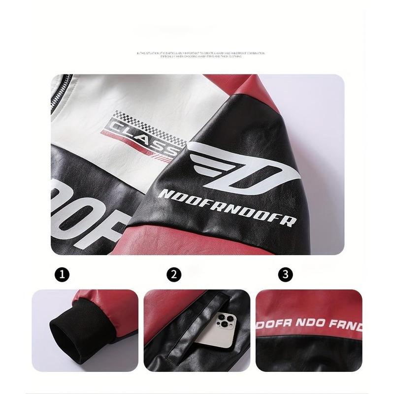 Men's PU Leather Racing Style Zip-up Jacket - Green and Black Color-block, Stand Collar and "HOOD FRENDS" Pattern Print, Casual Streetwear, Casual Clothing, Daily Jacket | Modern Casual Jacket | Smooth Leather Jacket