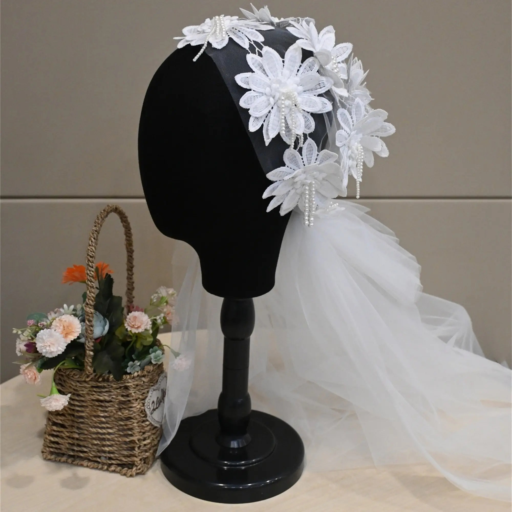White Flower Cap-style Veil, Ethereal Veil, Mantilla Veil, Hijab Headset,With Beads Embellishments,Hat Veil, Bridal Accessories