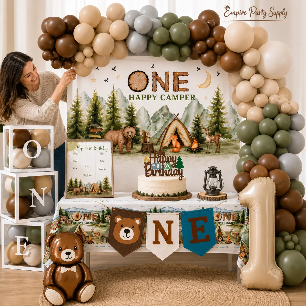1 Happy Camper 1st Birthday Decorations Kit - Balloon Arch, Backdrop, Bear Balloon, High Chair Banner, Cake Topper, Tablecloth (Festive Party Supplies for Birthday Celebrations)