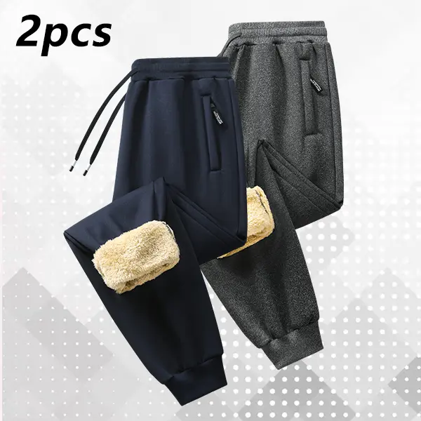 Men's Fleece-Lined Stretch Pants 2-Piece Set, Casual Straight Fit Trousers in a Solid Color with Mid Waist & Zippered Pockets