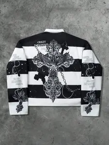 Gothic Striped Polo Shirt, Wide Stripe, Heavy Cross Print, Short Fit, Street Style, Unisex Fashion, Trendy Design