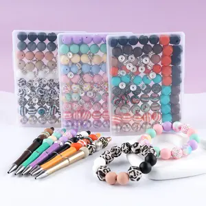 100PCS Mix Colors Boxed Acrylic Silicone Bead Set, Hexagon, Printed 15mm Round Beads, Rhinestone Spacer for DIY Jewelry Making and Craft Projects