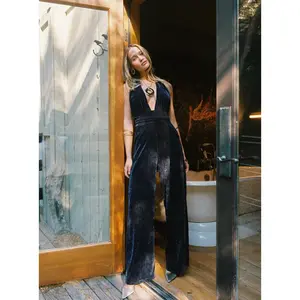 Women's Sleeveless Velvet Jumpsuit - Limelight Midnight, Halter Cut, Open Back, Holiday Wear