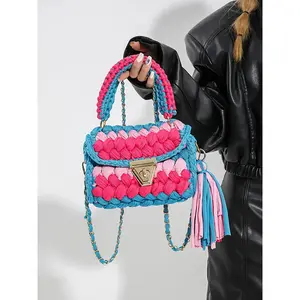 Women's Colorblock Braid Design Crossbody Bag with Tassel Charm, Fashionable Handmade Bag for Daily Used, Casual Trendy Versatile High-quality Daily Commuting Bag