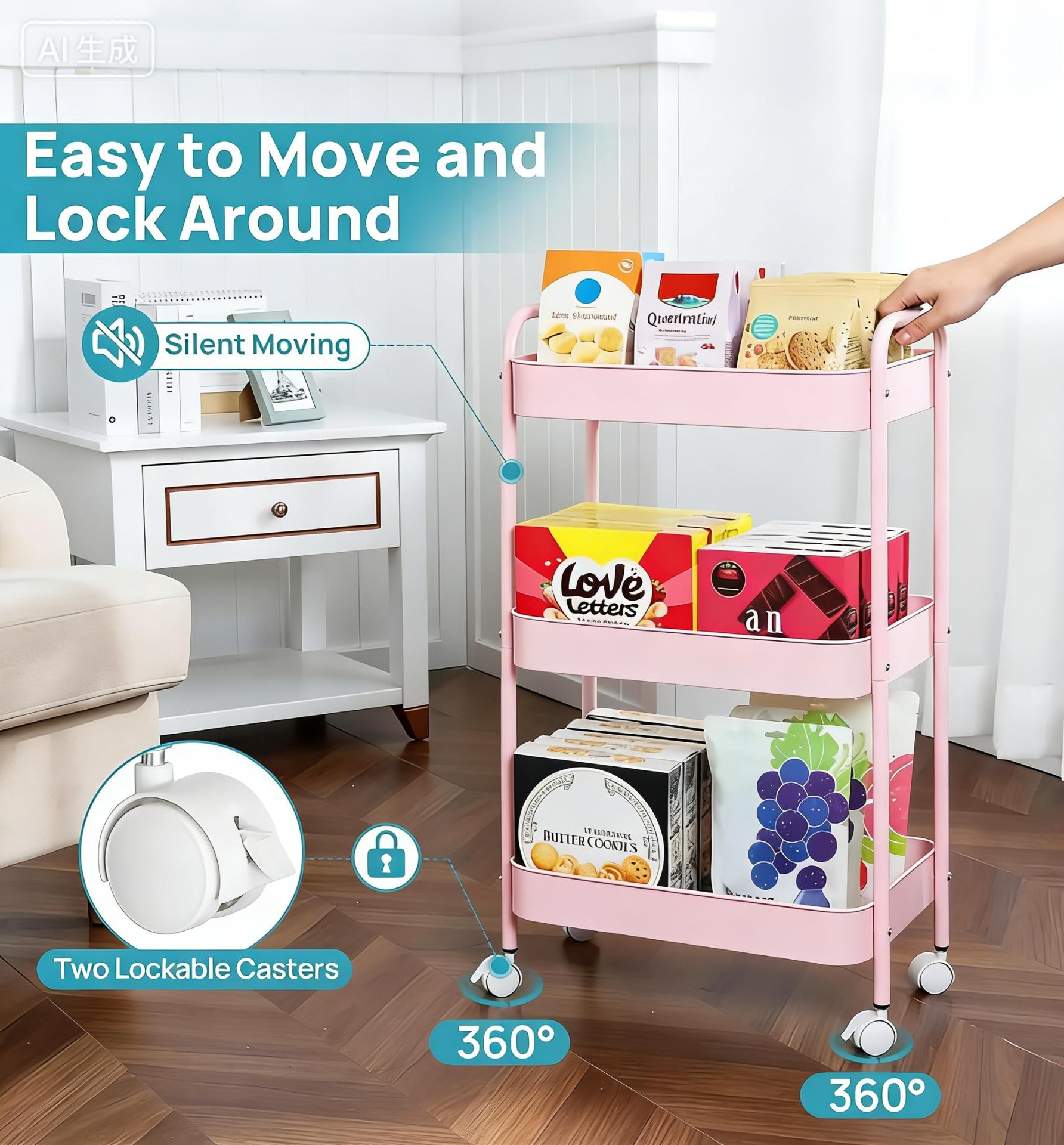 3 Tier Rolling Cart Metal with Wheels, White Three Tiered Craft Cart Organizer on Wheels, Storage Utility Carts for Art, Baby Nursery,Diaper Caddy, Cleaning Supplies, Nail,Lash,Snack,Book,Roller Shelf Love