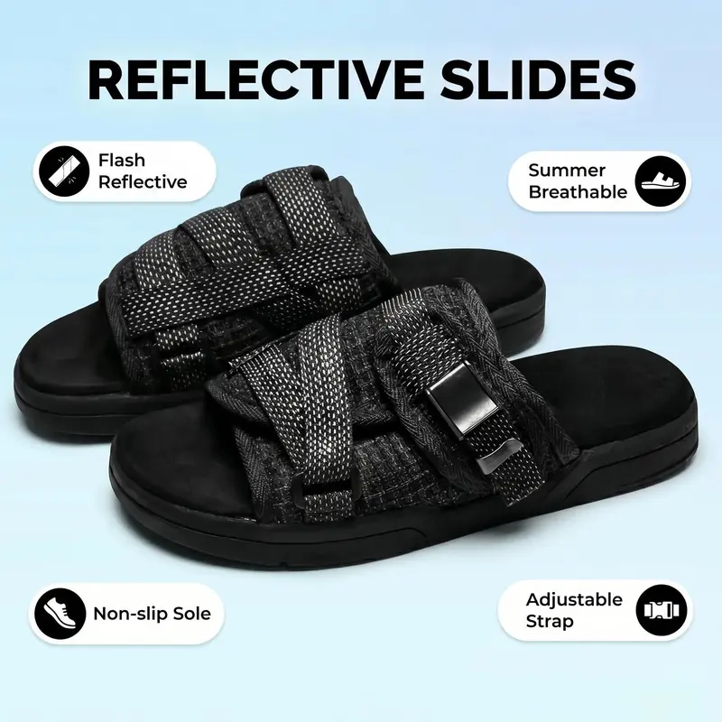 Reflective Slides for Men and Women – Full 3M Reflective Sandals with Adjustable Straps, Arch Support & Anti-Slip Sole, Comfortable Footwear for Wide or Narrow Feet, Light-Up Slide Sandals for Day & Night Wear