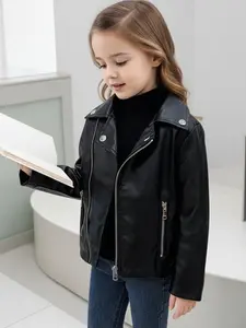 Girls' PU Leather Jacket, Spring & Fall Casual Loose Fit Outerwear, Vintage Collar Motorcycle Style, Versatile Coat, Collared Coats, Casual Jackets