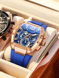 SOLLEN Men's Unique Tonneau Case Quartz Watch - Unique Barrel Shape, 24H Chronograph & Calendar Multifunctional, Silicone Strap, Gifts for Birthdays (BF/Husband)/Valentine's/Father's Day/Weddings -719