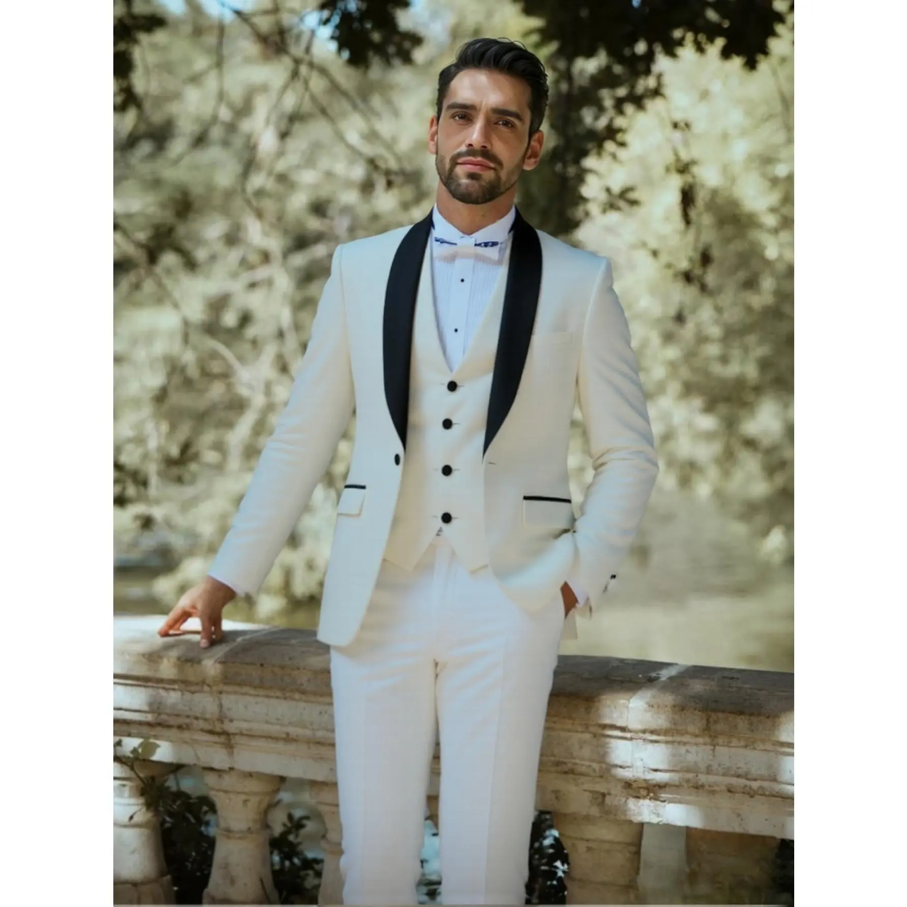 Men's White 3-Piece Formal Suit Set - Shawl Lapel, Slim Fit, Long Sleeve Blazer, Polyester Menswear - Ideal for Wedding, Prom, Business Formal Wear