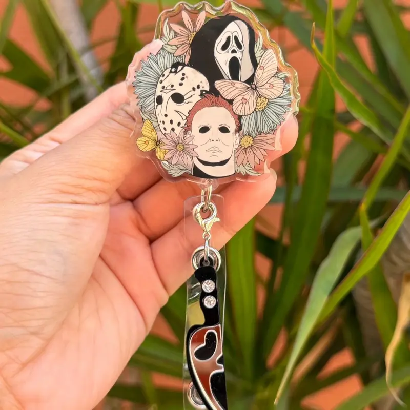 Horror Floral ID Badge Reels Ghost , Jason , Michael Halloween , Alligator Clip , STURDY , thick healthcare worker