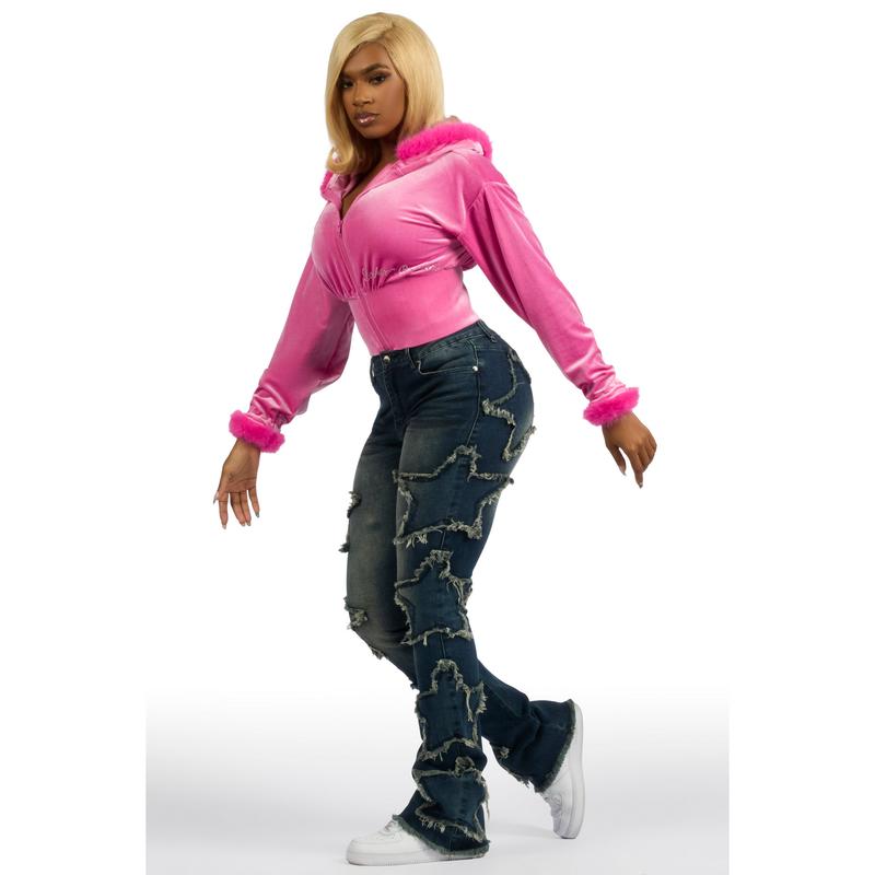 Shanika Pink Velour Crop Hoodie With Fur Hood