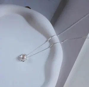 Elegant 925 Sterling Silver Round Pearl Pendent Necklace