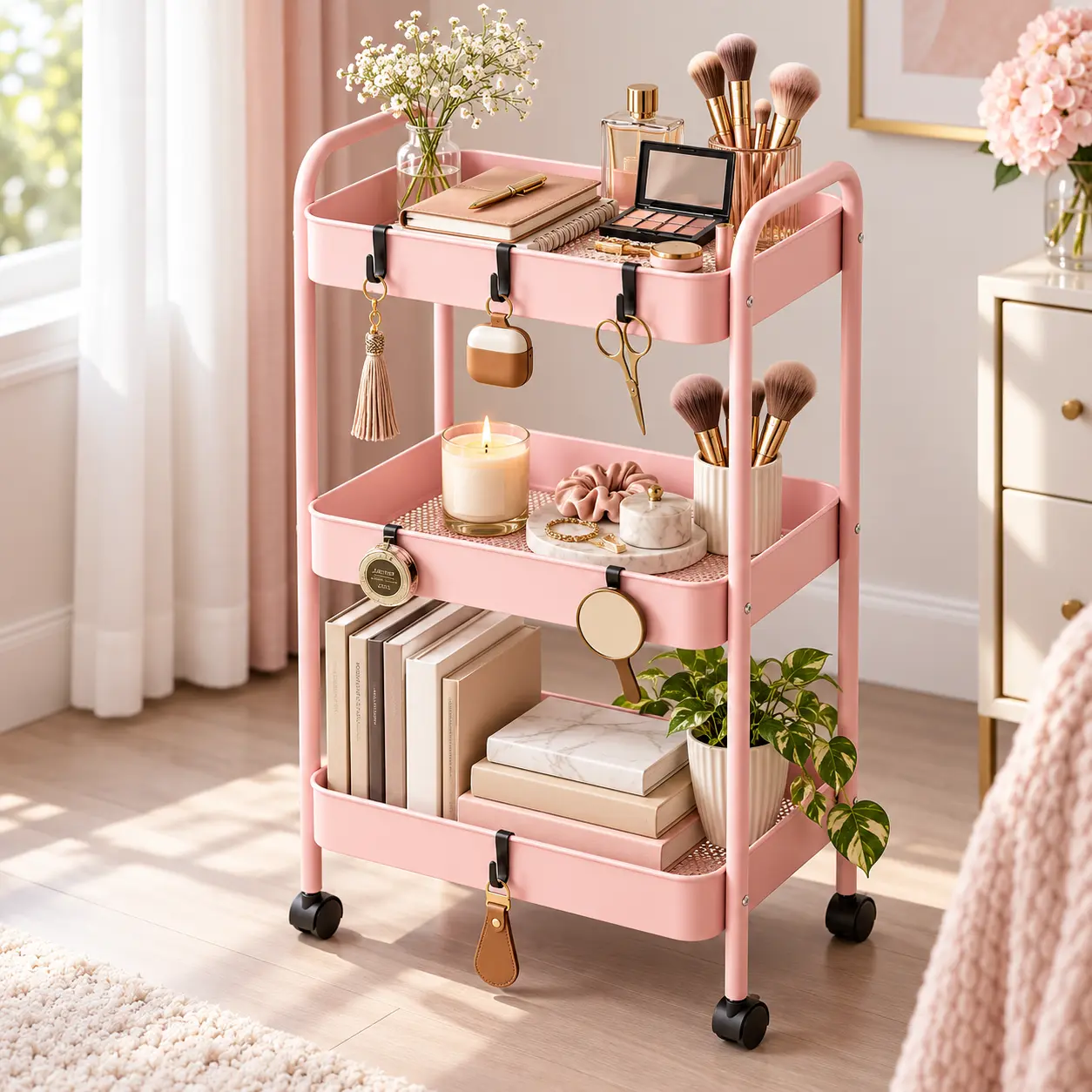 3-Tier Rolling Bathroom Utility Cart Organizer with Lockable Casters, Rotatable Racks, 20-25 Kg Capacity - Versatile Storage for Bathroom, Kitchen, Baby Diapers