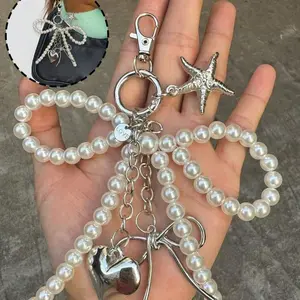 Y2K Cute Beaded Bow Pendant, Fashion Heart Bag Charm, Starfish Phone Strap Keychain, Elegant Accessory for Girls and Ladies, Keychain for Bags