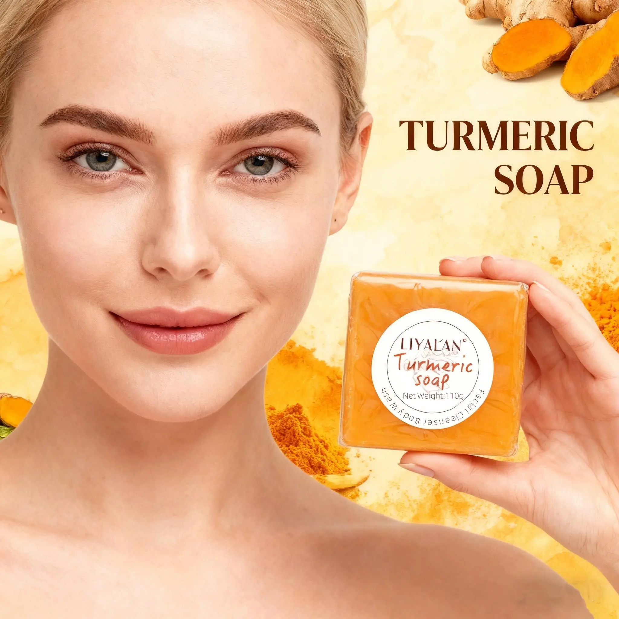 LIYALAN 5pcs Nourishing Turmeric soap Bar（with Bubble net） 3pcs 110g Moisturizing Soap for Body & Face Handmade with Shea Butter Hydrating Cleanser 2-in-1 Face & Body Bar