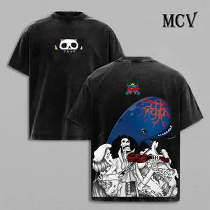 Vintage Washed Brook and Laboon Graphic Tee Heavyweight Cotton Oversized Anime Streetwear T-Shirt Y2K Retro One Piece Shirt Japanese Manga Fashion Tops Cool Casual Outfit Trendy Harajuku Apparel Unique Cosplay Anime Fan Gift Pirate Crew Merch Design