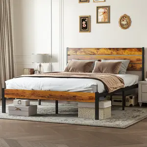 Heavy Duty Metal Bed Frame with Headboard – 700/800 LB Support Platform, No Box Spring Needed, Underbed Storage Space, Rustic Brown – Queen/Full/Twin