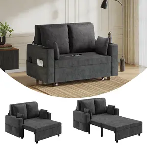3-in-1 Pull-Out Sleeper Loveseat Sofa Bed, 56”Full Size Convertible Couch with USB Charging & Cup Holders, Modern Multifunctional Living Room Bedroom Furniture, Supports up to 1000lbs - Grey/Black(2 Packages)
