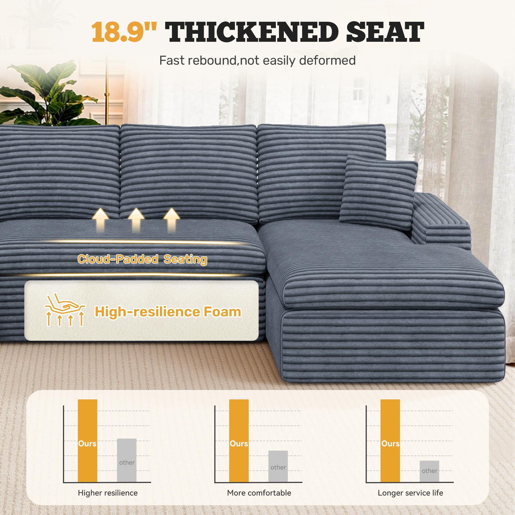 134" U Shaped Modular Sectional Sofa, Oversized Boneless Couches for Living Room,No Assembly Required Corduroy Cloud Couch with Chaise Lounge
