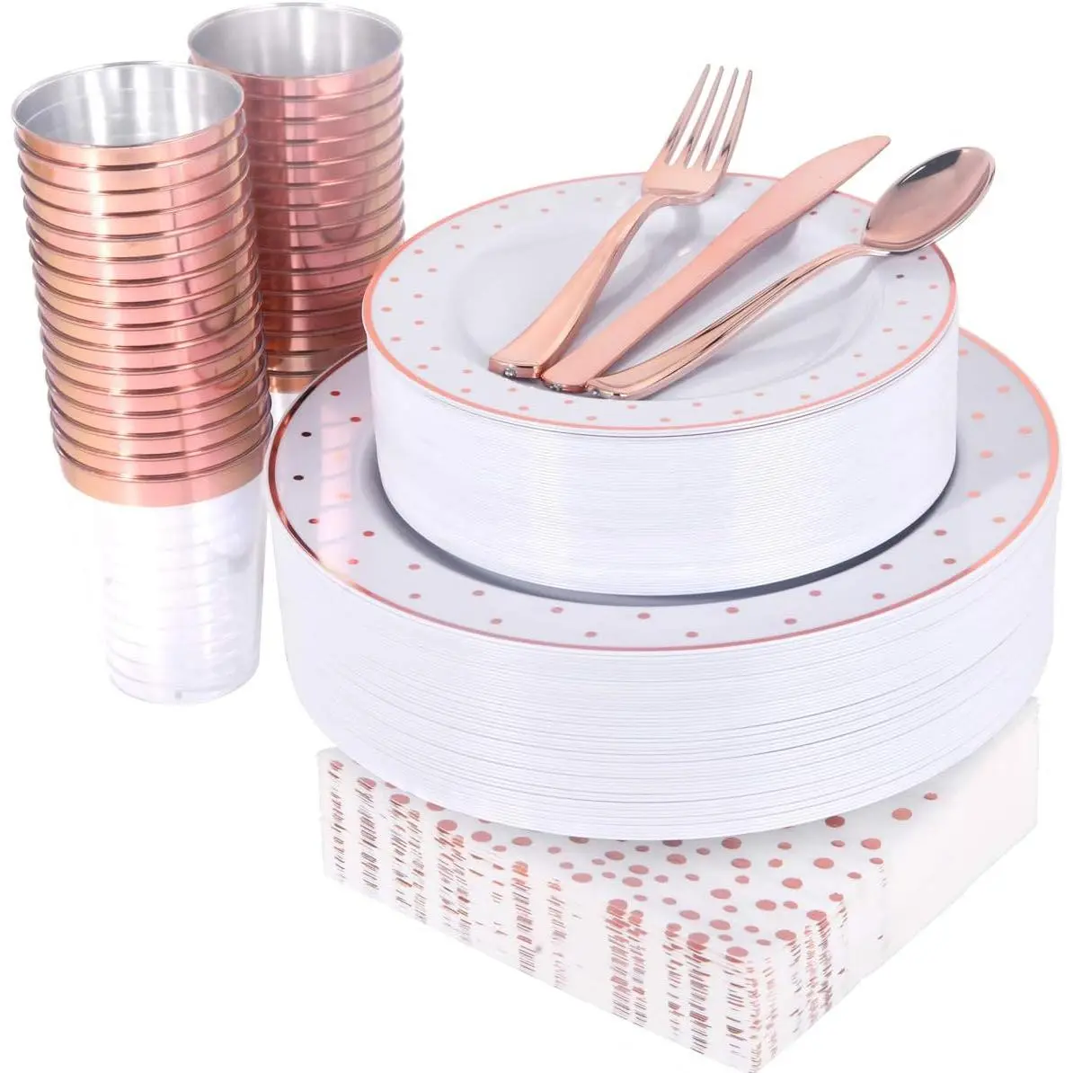 350 count Rose  Plastic Plates, Disposable Rose  Plates, Includes: 50 Dinner Plate, 50 Dessert Plate, 50 Forks, 50 , 50 Spoons, 50 Cups, 50 Dot Napkins for Weddings and Party