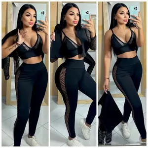 Colombian Sport Set Suplex - Black Athletic Wear with Mesh Detailing and Matching Top for Women's Active Style