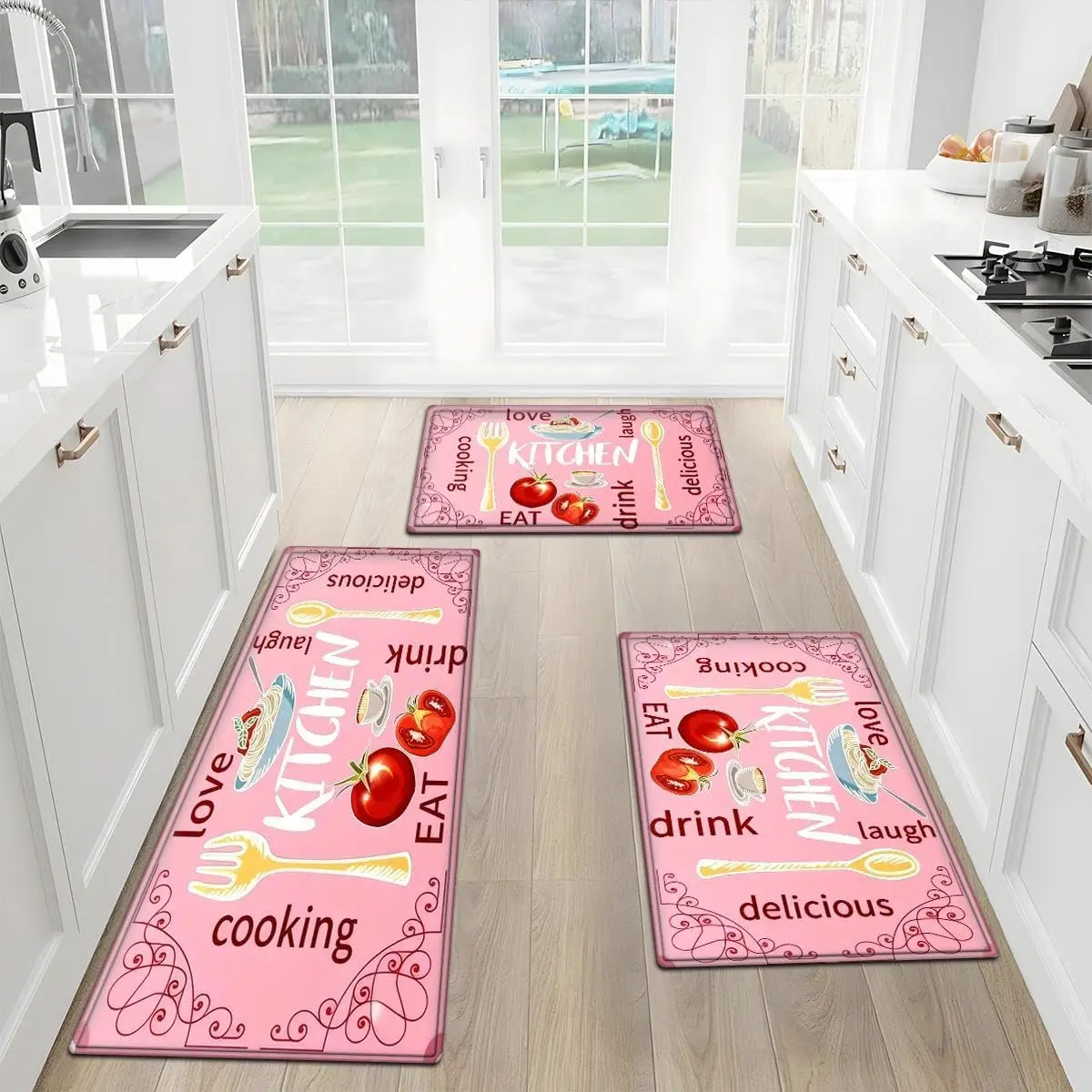 Flannel Kitchen Mats for Floor, Non Slip Washable Kitchen Rugs Sets of 3, Pink Farmhouse Cushioned Kitchen Runner Rug for Kitchen Floor, Laundry Room, Bathroom, Entryway Carpet Decor