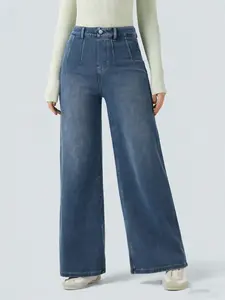 Women's High-Waisted Tummy Control Wide Leg Denim Jeans with Pockets - Casual Streetwear Bottoms, High Waisted Tummy Control Jeans