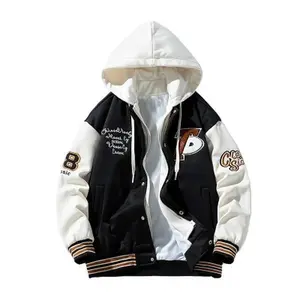 Men’s color-block striped baseball jacket with letter embroidery and pockets; casual zip-up long-sleeve hooded varsity jacket for outdoor wear