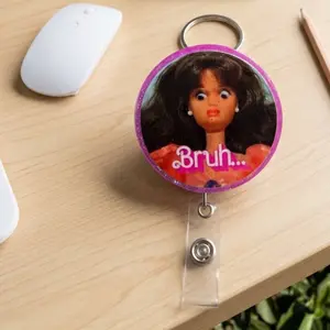 Funny Cringe Doll WTF Sparkly Retractable Badge Reel Cute Meme Acrylic ID Holder For Registered Nurse RN CNA Medical Work Accessory Gag Gift