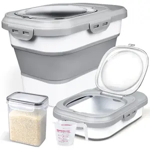 Rice Storage Container, Collapsible Airtight Food Storage Containers 6-20 Lbs, Rice Dispenser with Measuring Cup and Small Bin for Flour Cereal Pasta Grain, Cat Pet Dog Bird Food Container,home essentials storage organization organizer storage