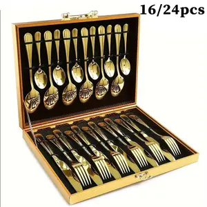 16/24 piece stainless steel cutlery set with golden gift package,  silverware set including  fork, spoon and knife service for 4-6, flatware set suitable for kitchen, restaurant and hotel, Dinner Sets