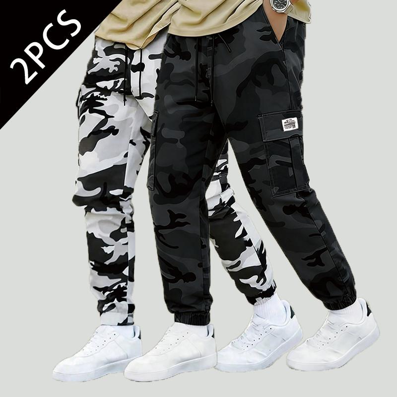 Men's Camouflage Casual Polyester Cargo Pants - Light Thin, Breathable, Loose-Fit, Multi-Pockets, Elastic Drawcord Waist Outdoor Tactical Joggers for Hiking, Work