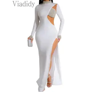 Women Class Chic Chec Choc Sexy Rhinestone Floor Length High Slit Mermaid Party Dress