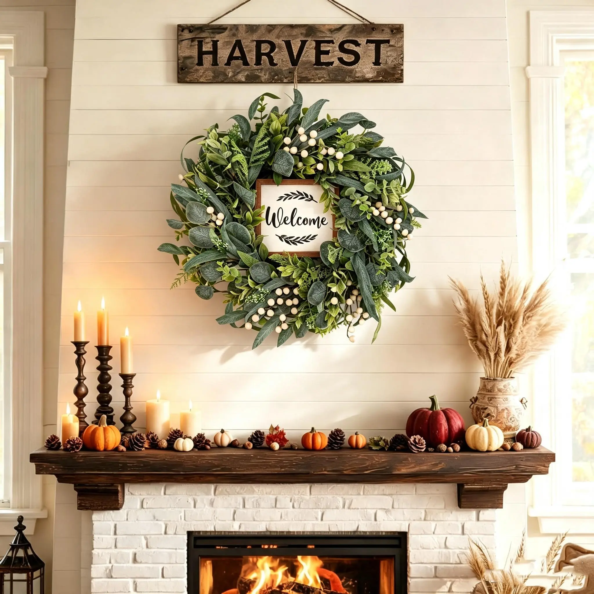 CIR OASES 20 In Art Deco Adjustable Silk Green Eucalyptus Wreath with White Berries, Welcome Sign & Box - All-Seasons Every Occasion Farmhouse Decoration for Front Door, Dorm Room, Kid Room Indoor-Outdoor Wall Hanging Hanging Ornaments Outdoor Decorations