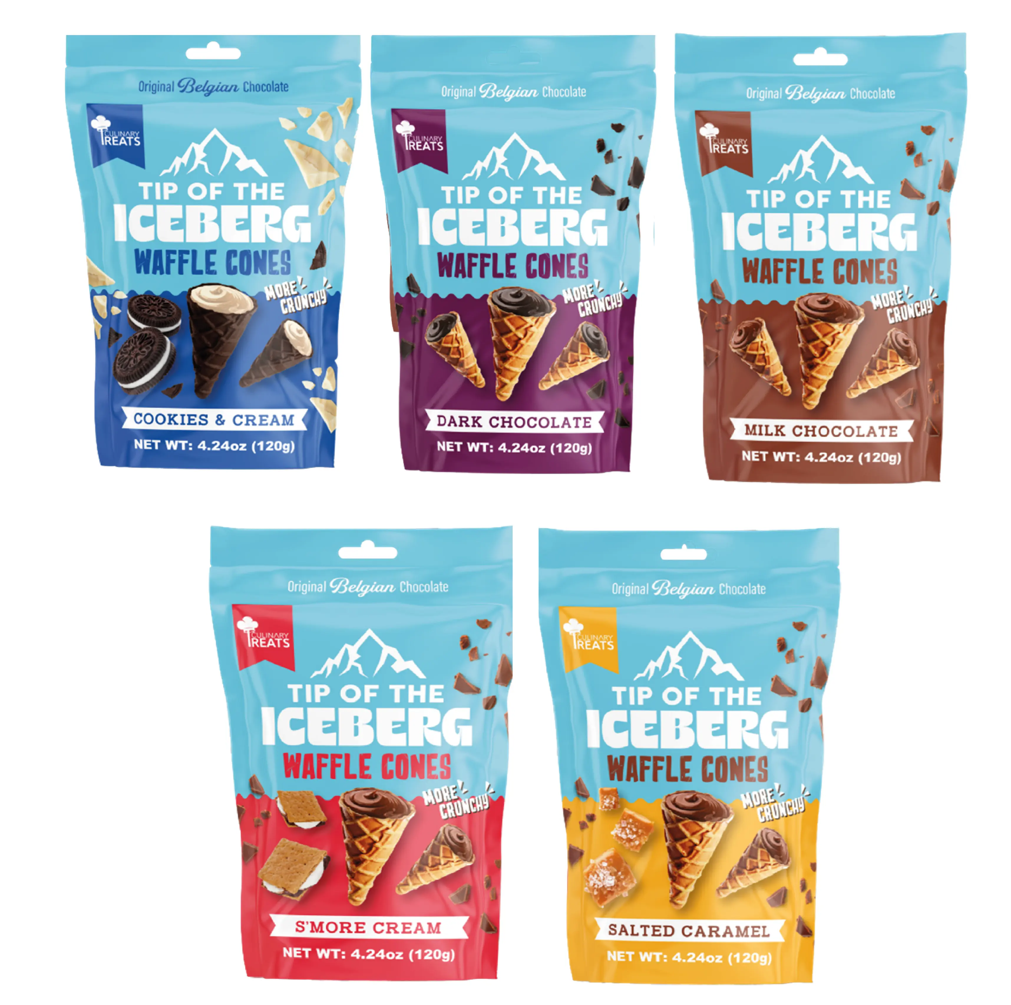 Tip of the Iceberg Waffle Cones - Cookies & Cream, Dark Chocolate, Milk Chocolate, S'more Cream, Salted Caramel Flavors - 4.24oz