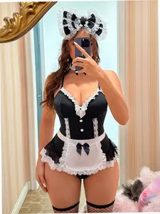 Sexy Maid Costume Set Mesh Romper Ruffle Trim Fishnet Stockings Cosplay Lingerie