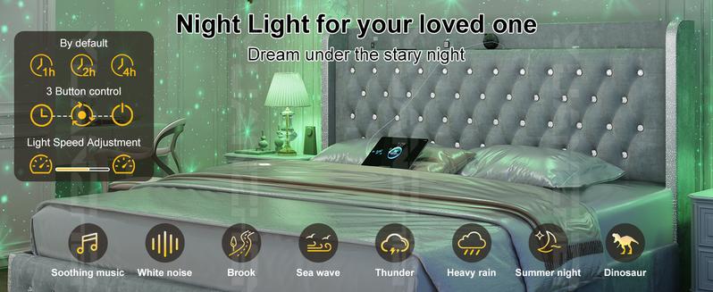 GEGOFORU Queen LED Galaxy Bed Frame with Projector, Bluetooth Speaker & USB Charging, Storage Headboard, PU Upholstered Platform Bed, White, No Box Spring Needed